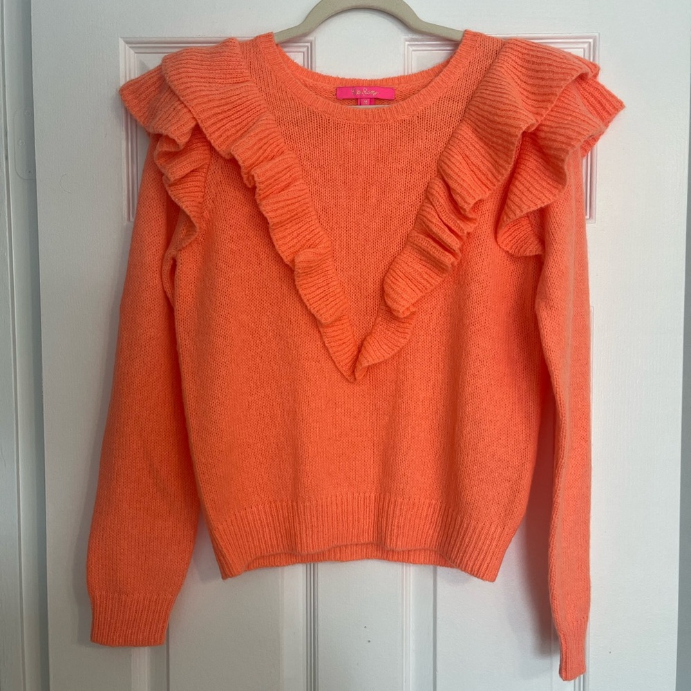 NWT Lilly Pulitzer Coral Orange Ruffle Scoop Neck Sweater